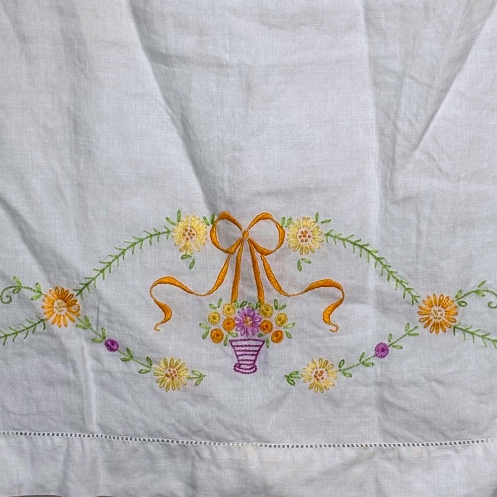 Vtg Embroidered Dresser Scarf Cottagecore Floral Basket Table Runner 42x16